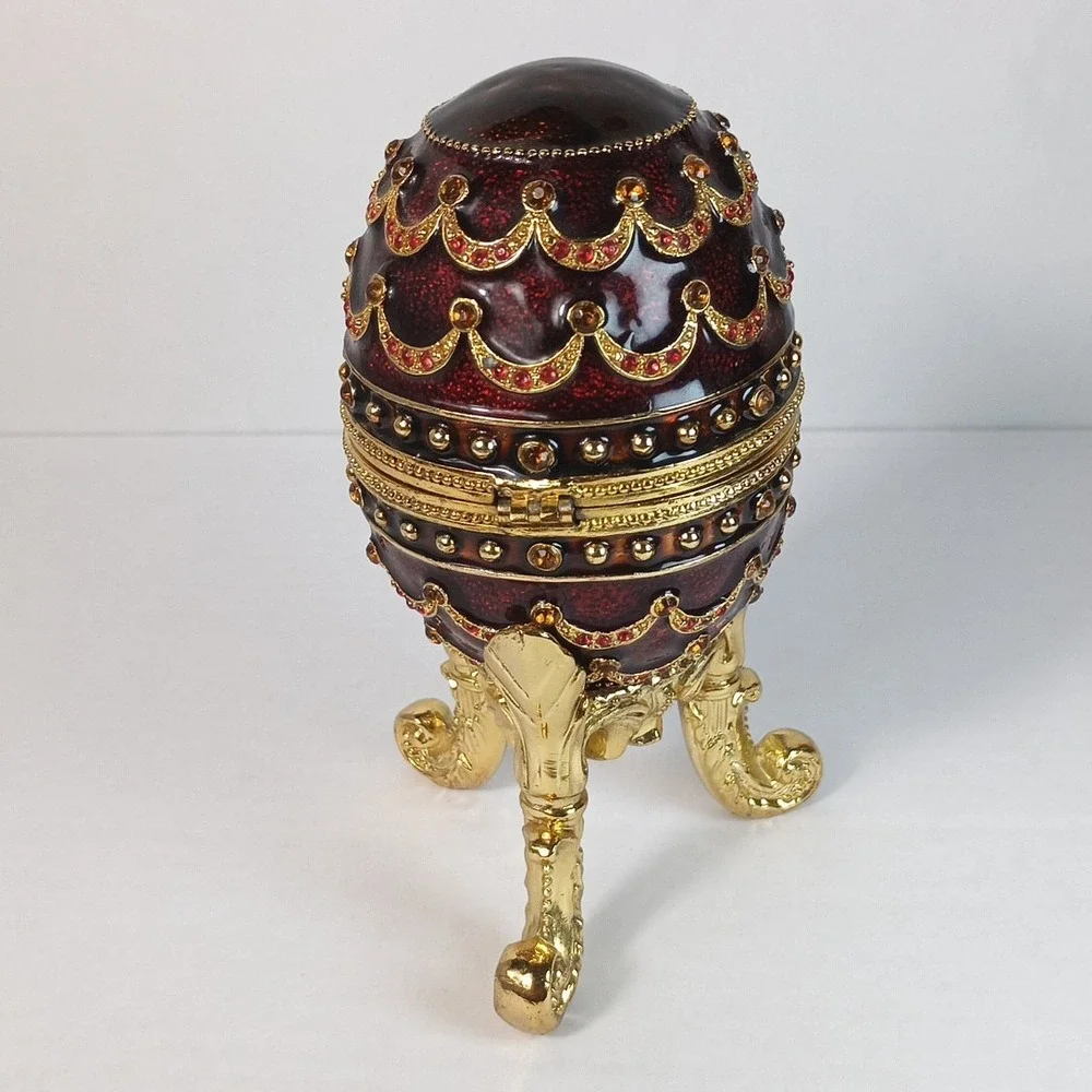Fabergé Style Enameled Burgundy Trinket Music Nocturne Works 5.5